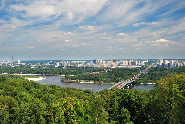 riverside, nature, horizon, bridge, river, sky, city, kyiv, dnipro, river-bank, bank river, trees, landscape, ukraine, panorama